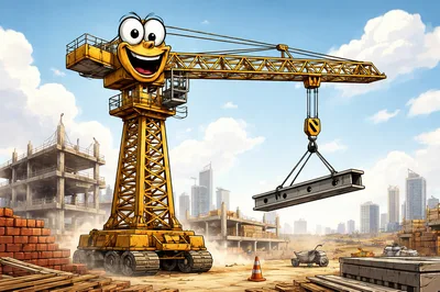 Cartoon Construction Crane Lifting Steel Beam