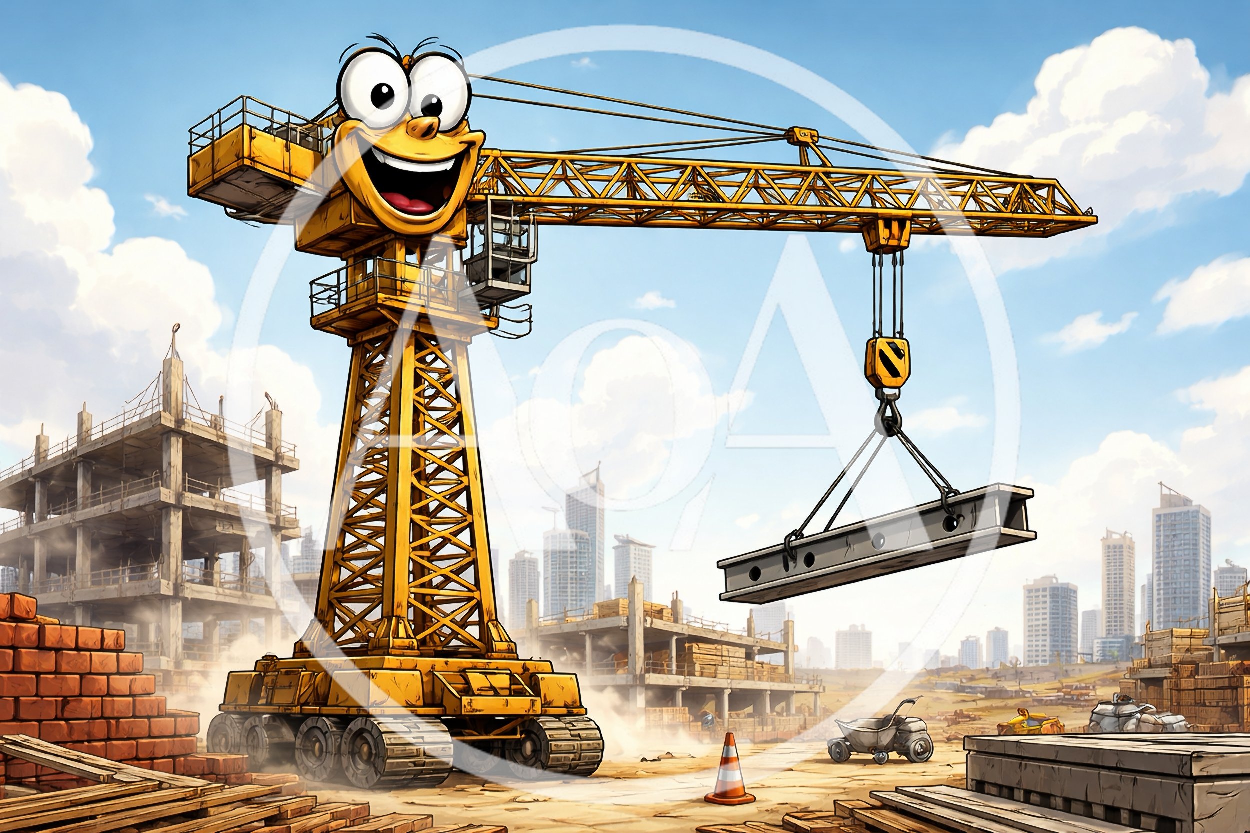 Cartoon Construction Crane Lifting Steel Beam