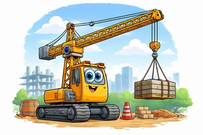 Cartoon Construction Crane Lifting Concrete Blocks