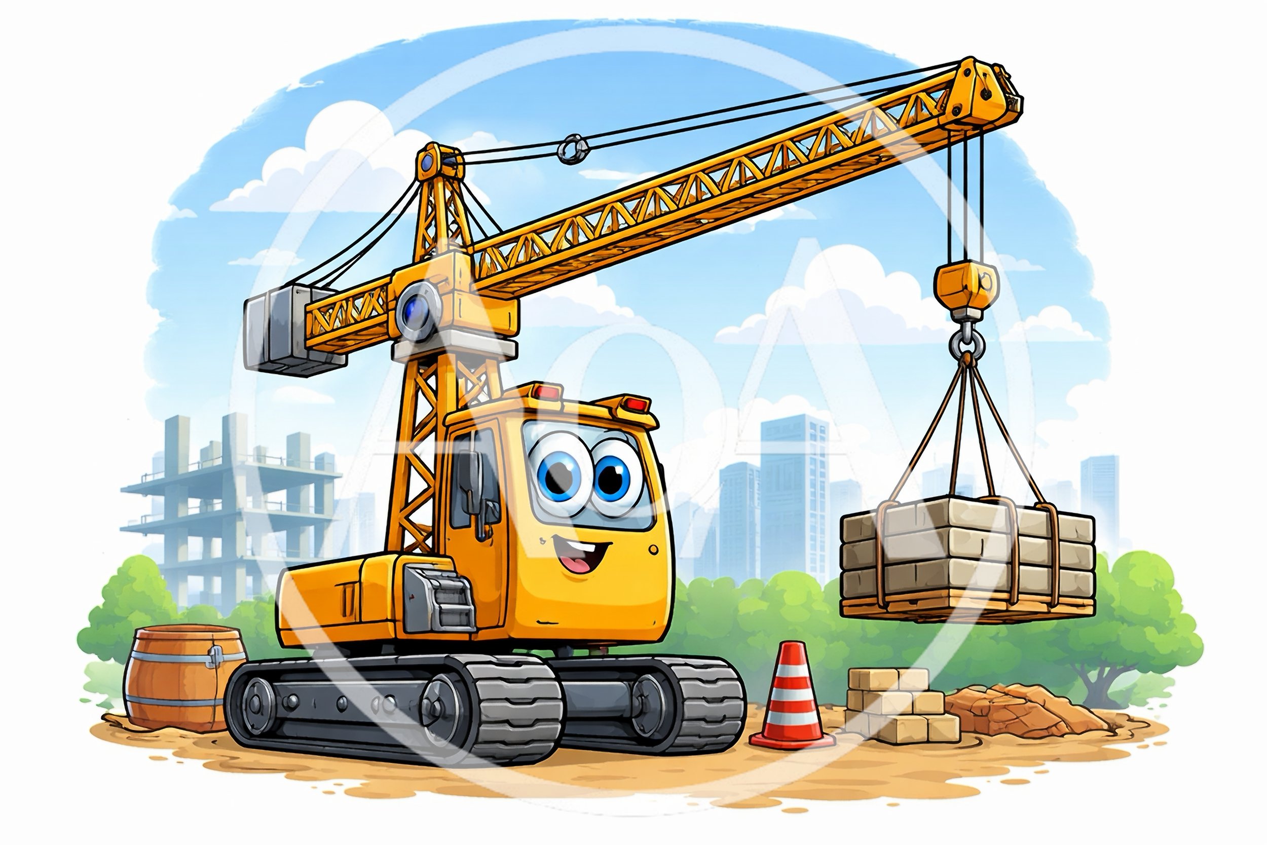 Cartoon Construction Crane Lifting Concrete Blocks