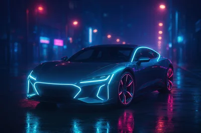 Futuristic Sports Car Driving Through Neon City Street