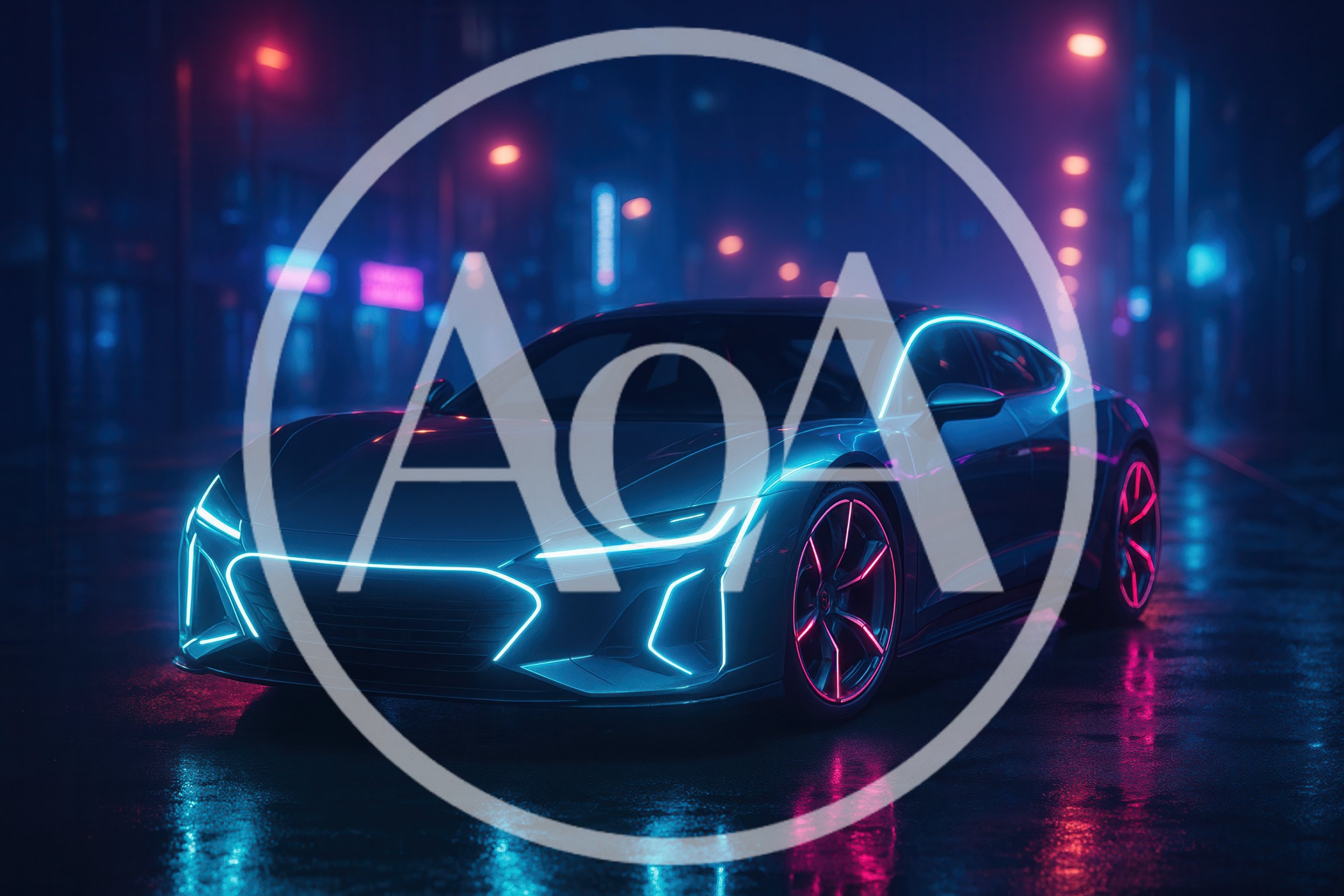 Futuristic Sports Car Driving Through Neon City Street
