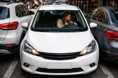 Woman Driving White Car In City Traffic