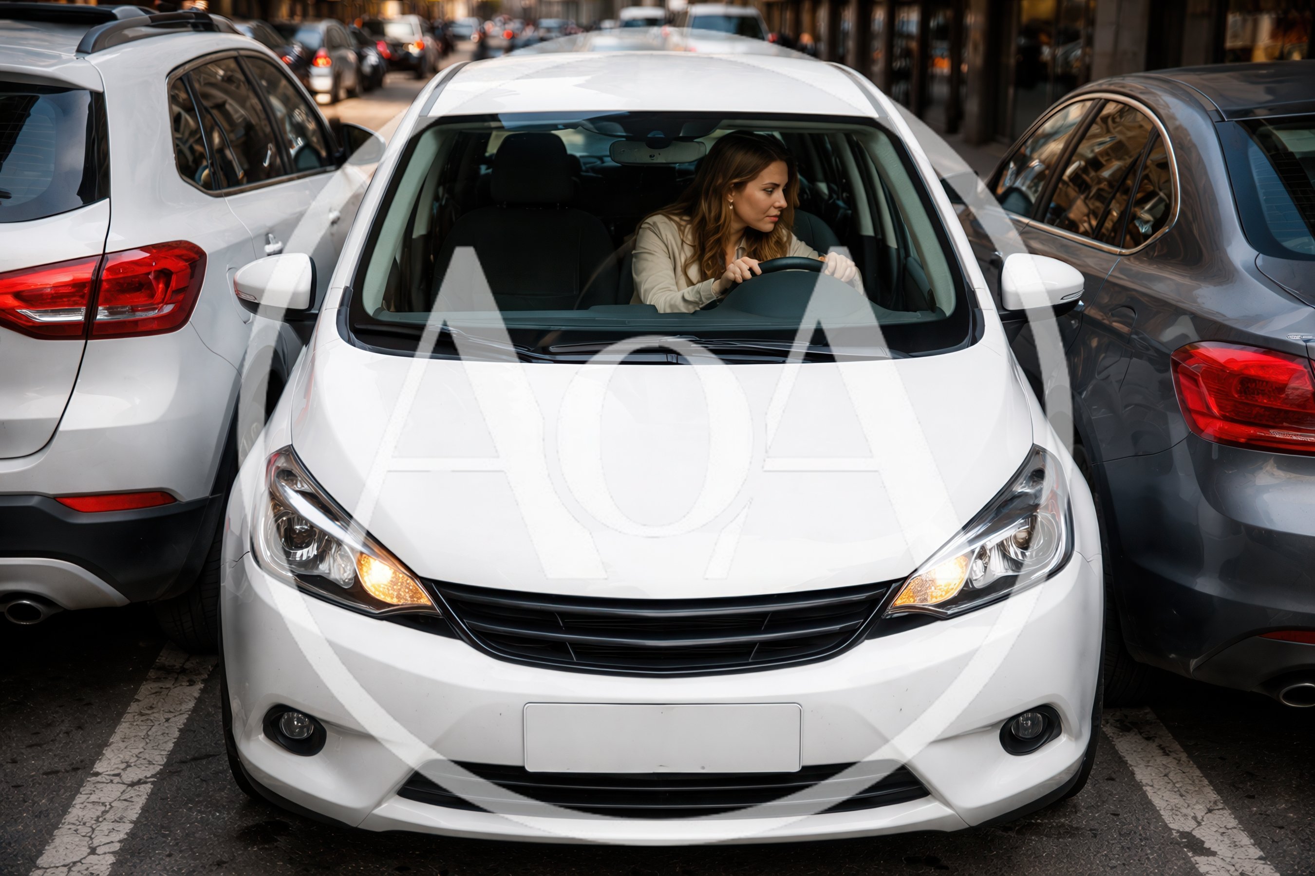 Woman Driving White Car In City Traffic