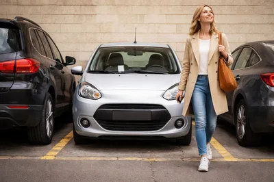 Woman Walking Through A Parking Lot
