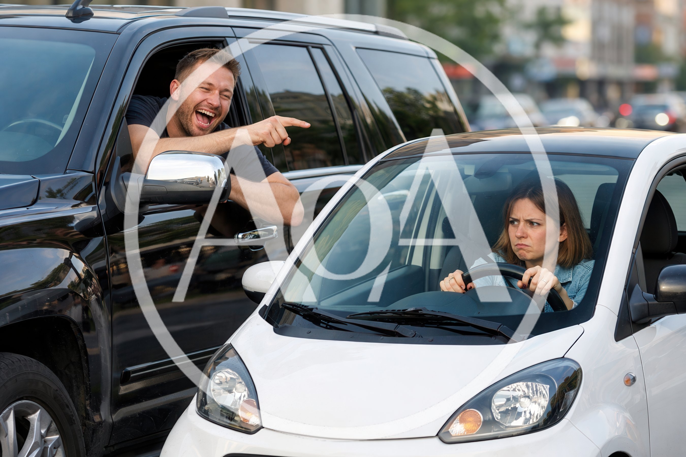 Man Laughing And Pointing At Woman Driving Small Car