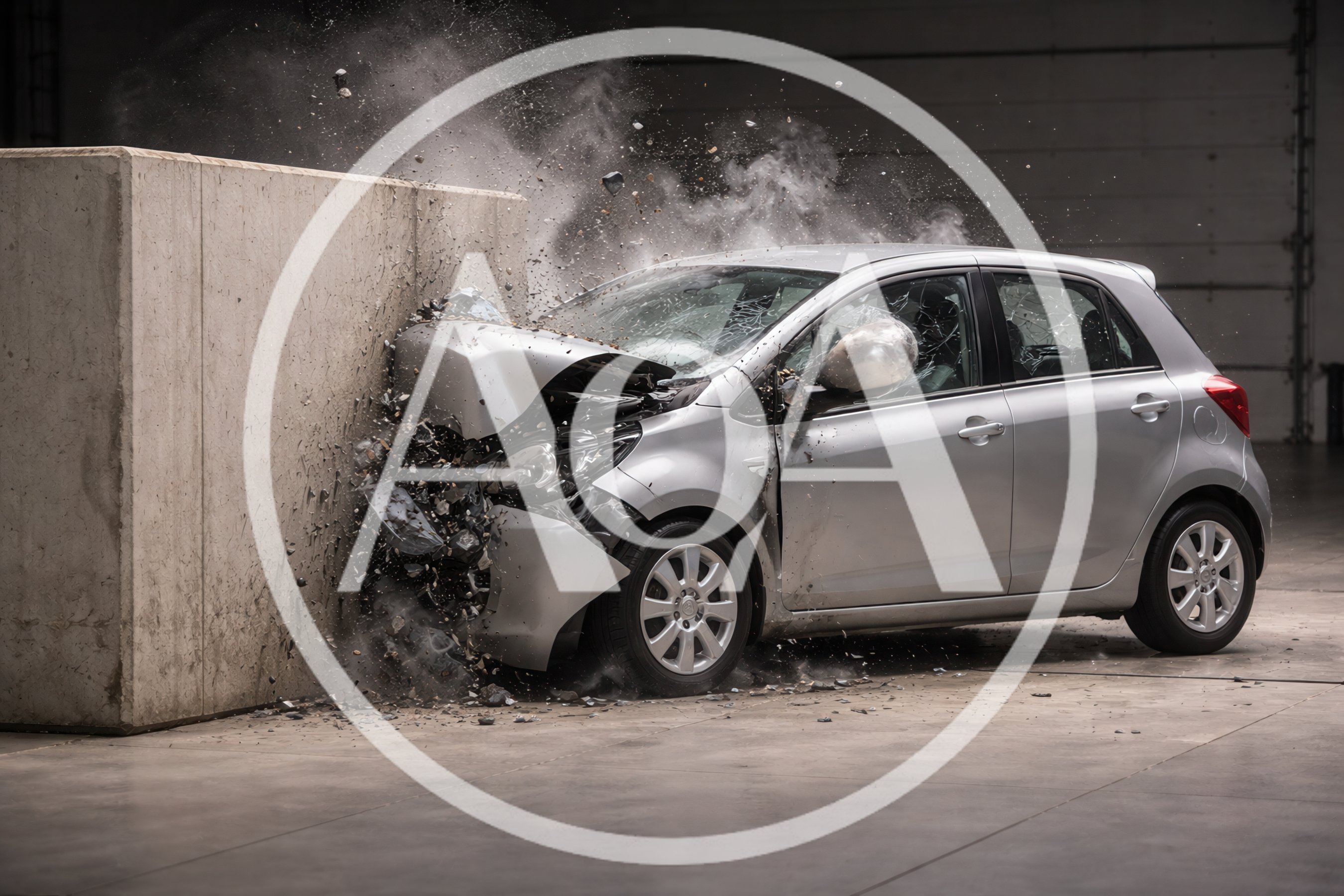 Silver Hatchback Car Crashing Into Concrete Wall