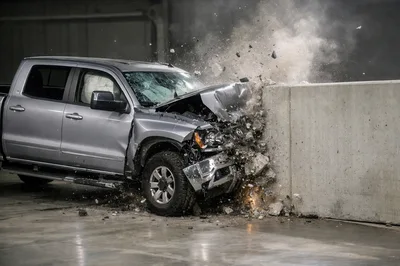 Silver Pickup Truck Crashing Into Concrete Barrier