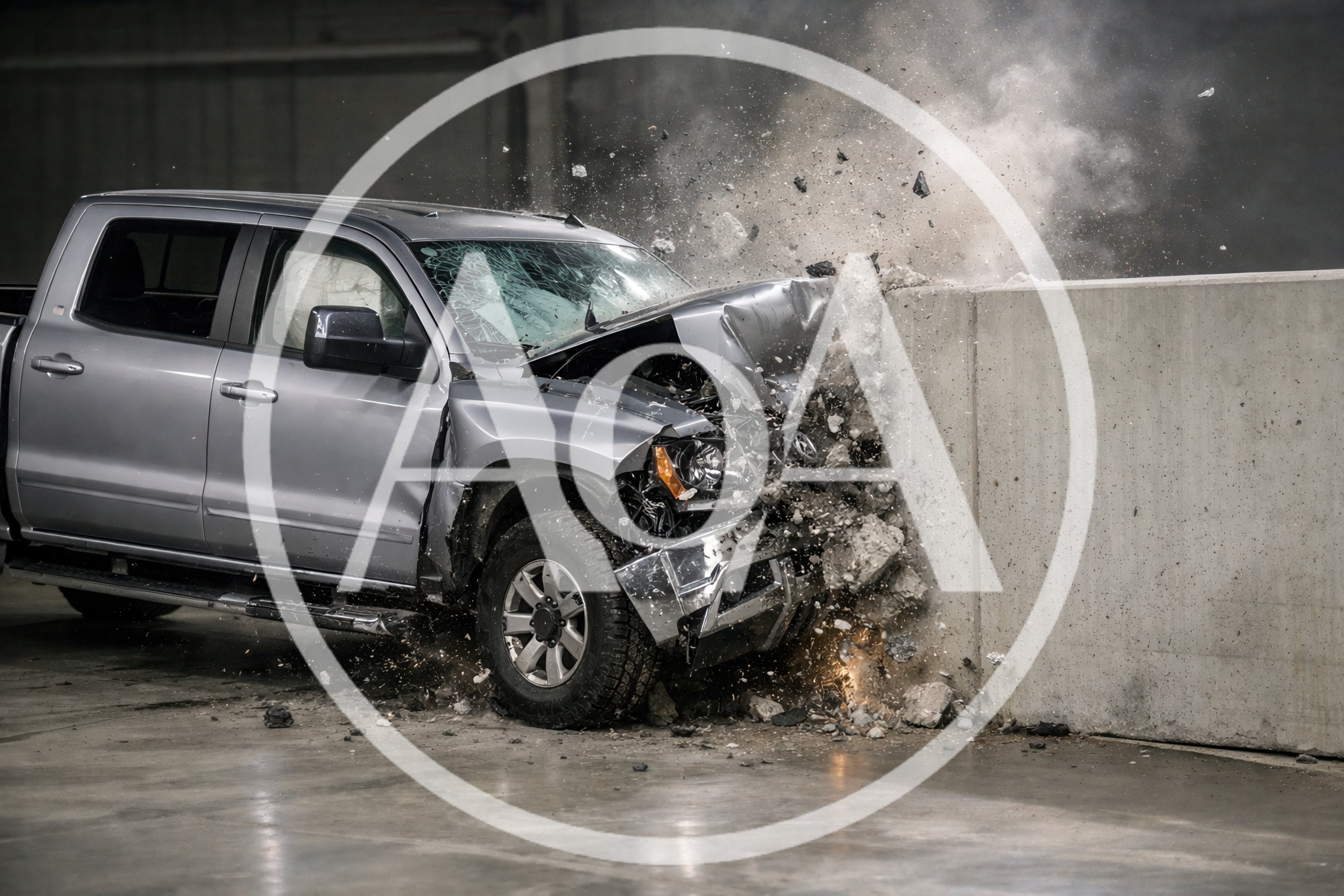 Silver Pickup Truck Crashing Into Concrete Barrier