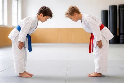 Two Young Boys Bowing In Karate Uniforms