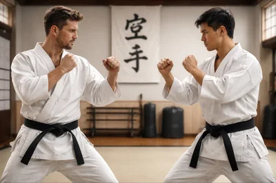 Two Karate Practitioners Sparring in a Traditional Dojo