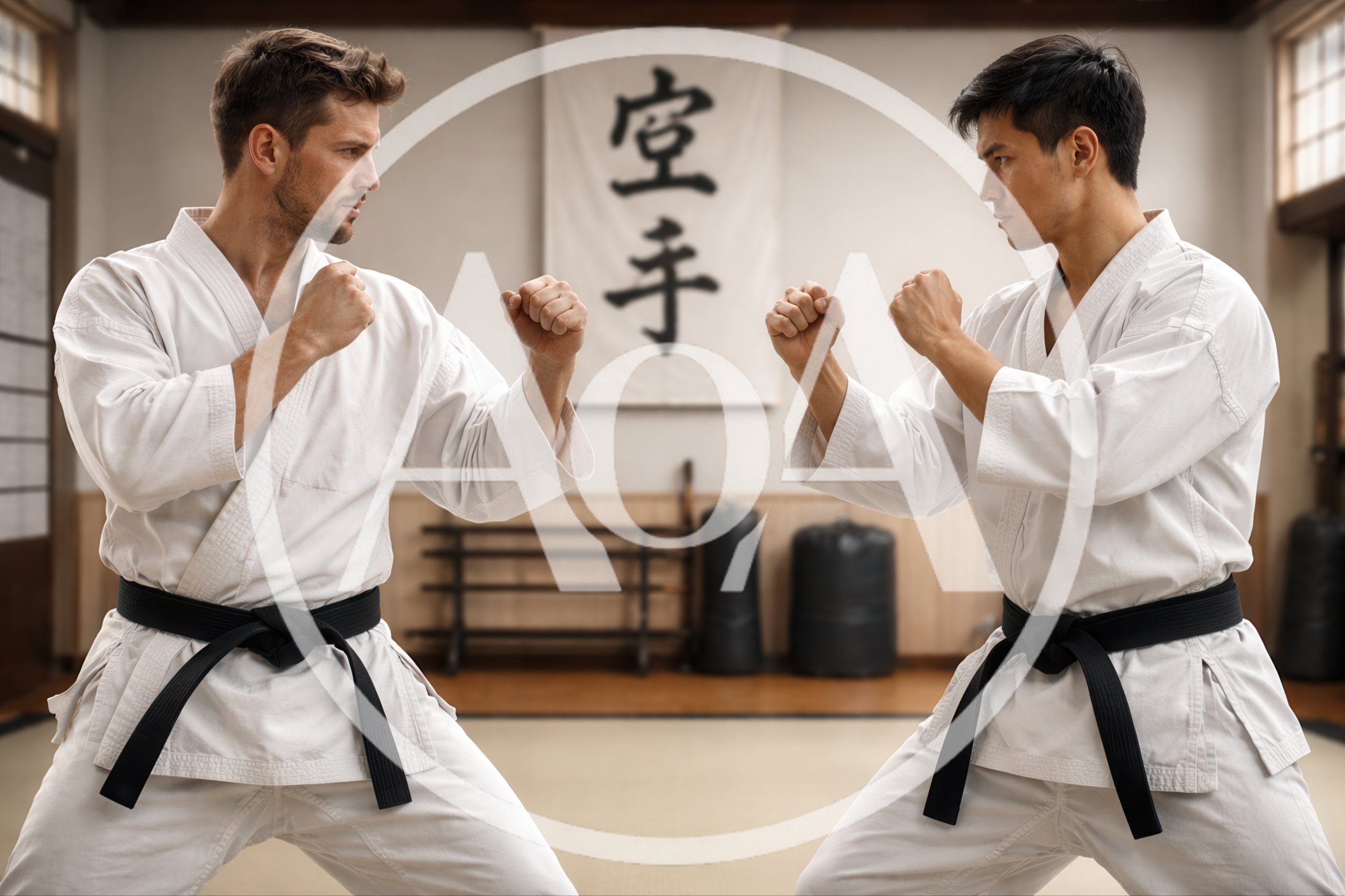 Two Karate Practitioners Sparring in a Traditional Dojo