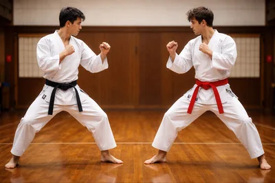 Two Karate Practitioners Facing Off In A Dojo