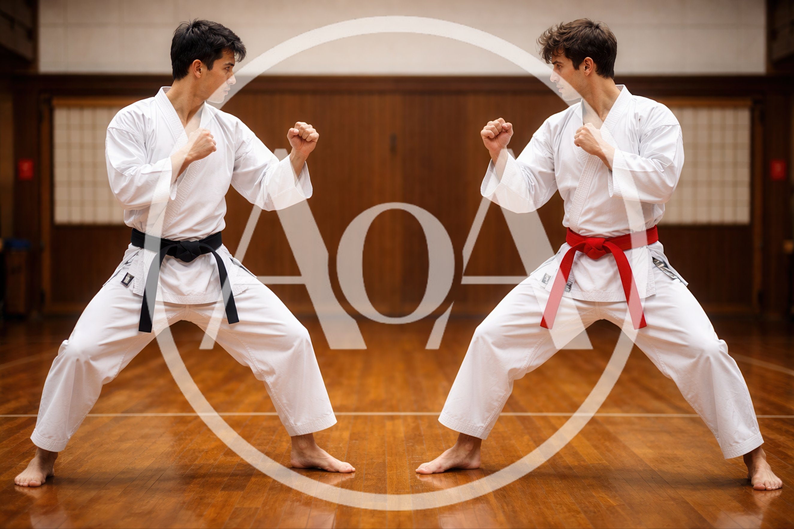 Two Karate Practitioners Facing Off In A Dojo