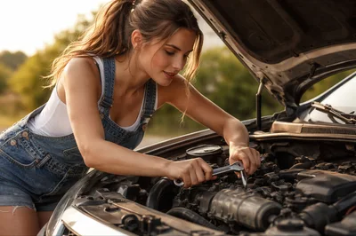 Young Woman Repairing Car Engine With Wrench