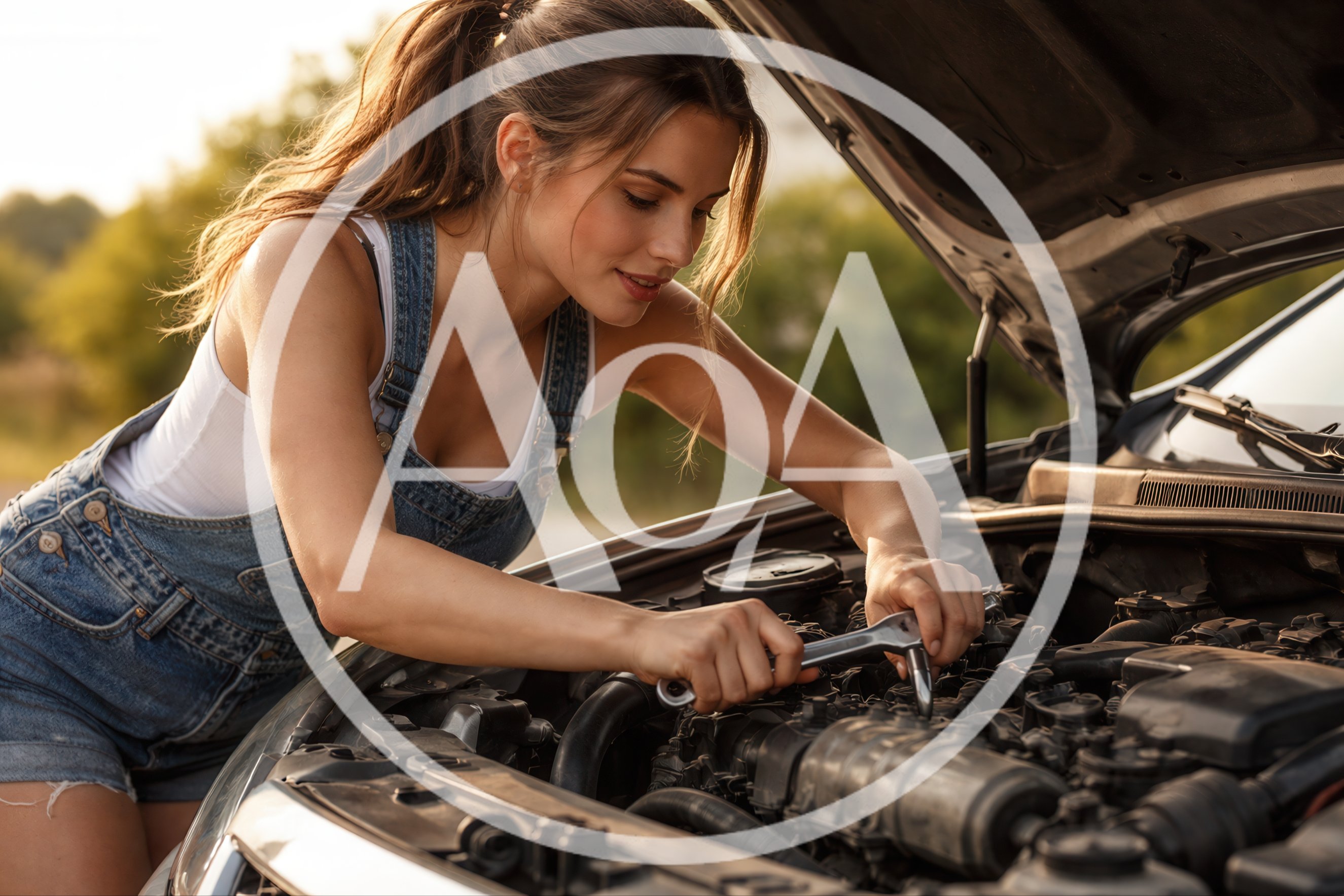 Young Woman Repairing Car Engine With Wrench