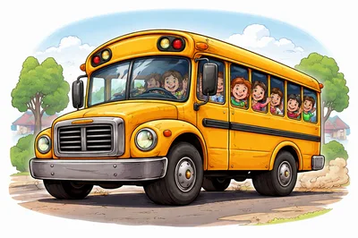 Cartoon School Bus Full Of Happy Children