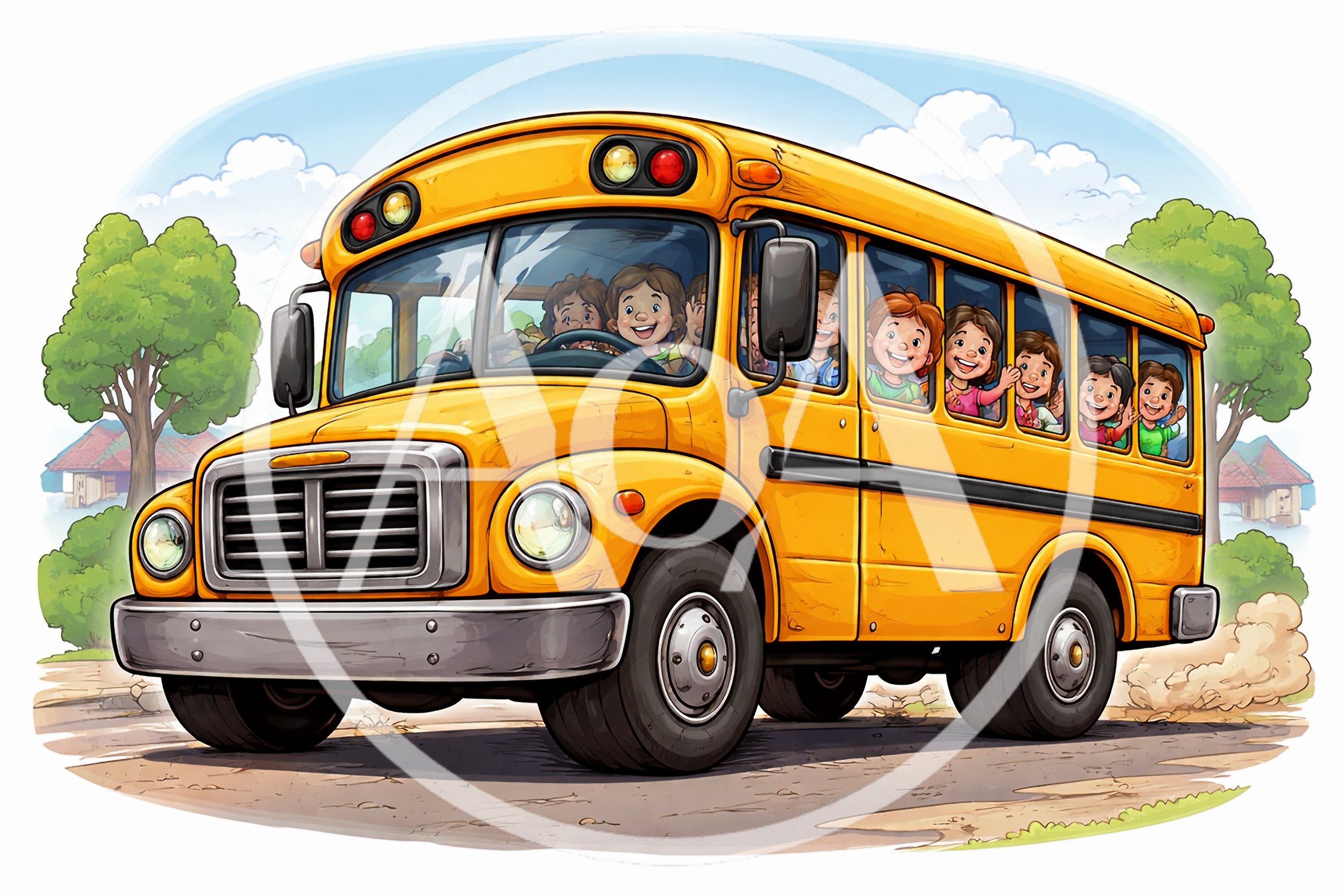 Cartoon School Bus Full Of Happy Children