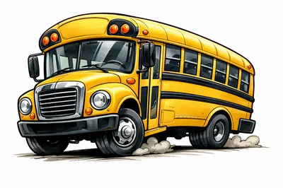 Cartoon Yellow School Bus Driving On Road