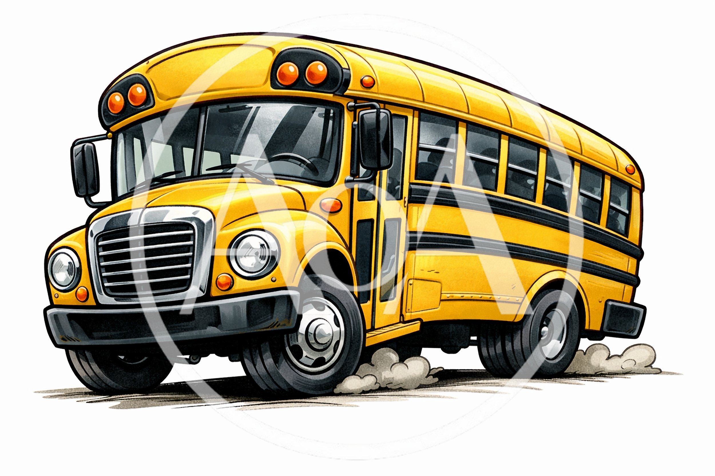 Cartoon Yellow School Bus Driving On Road
