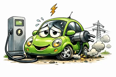 Cartoon Electric Car Charging With Exhaust Smoke
