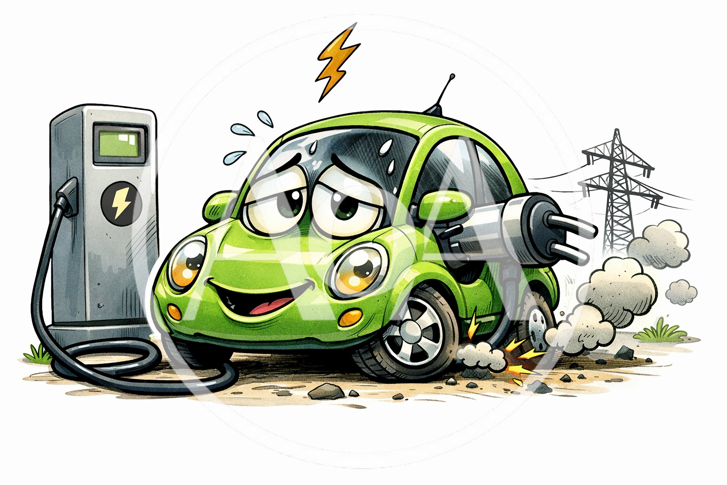 Cartoon Electric Car Charging With Exhaust Smoke