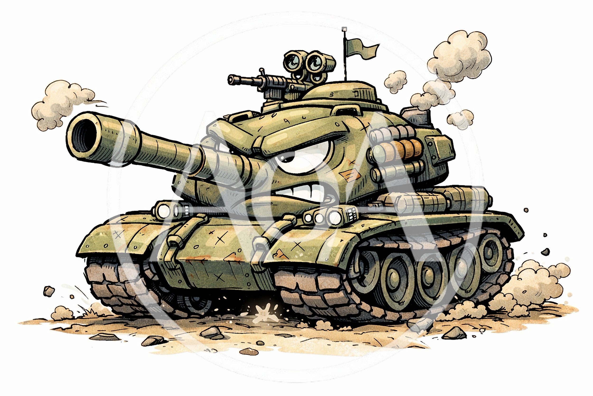 Cartoon Illustration Of An Angry Military Tank