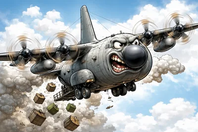 Cartoon Military Cargo Plane Dropping Supplies