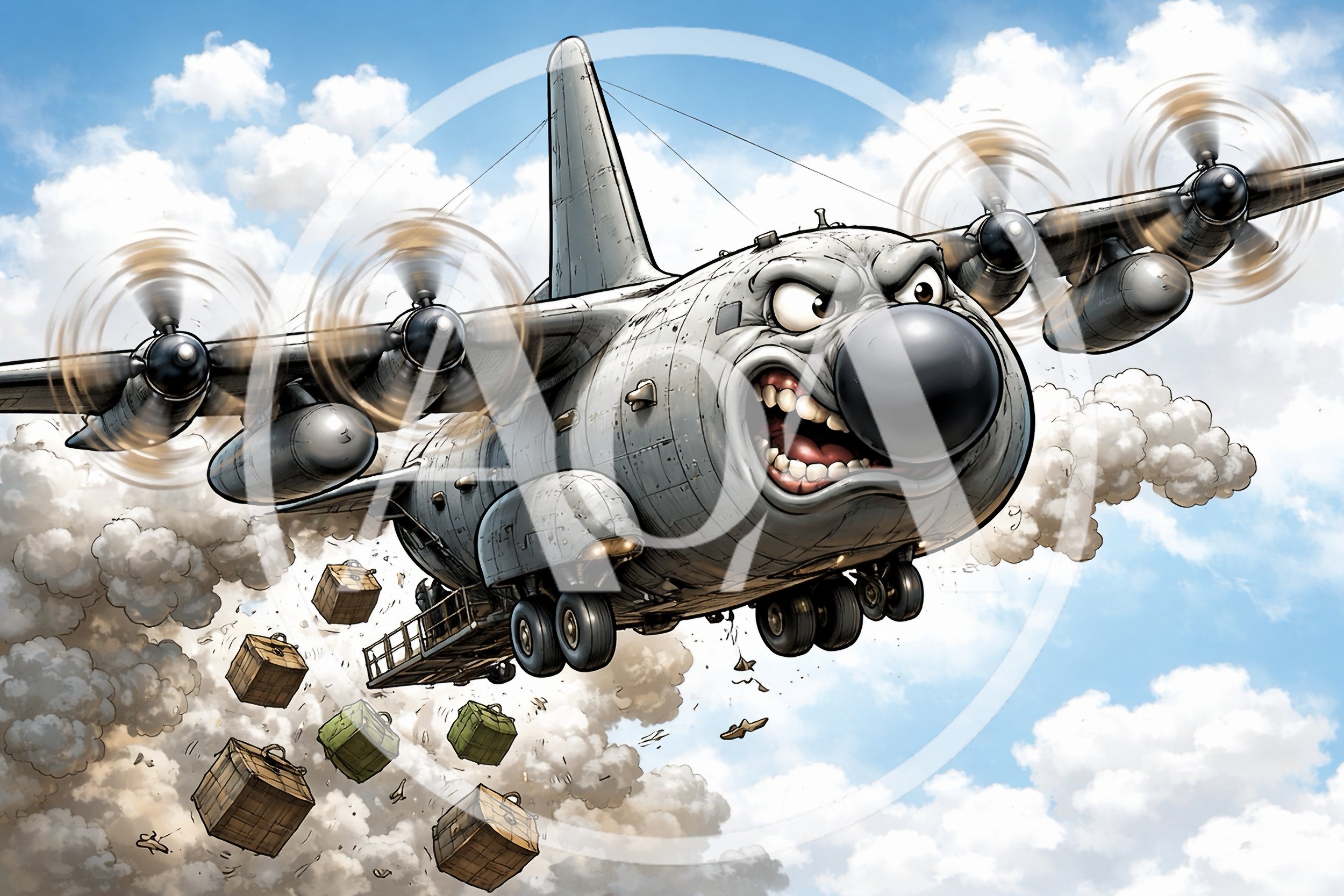 Cartoon Military Cargo Plane Dropping Supplies