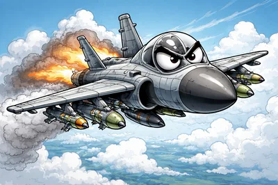 Cartoon Fighter Jet Flying Through Clouds