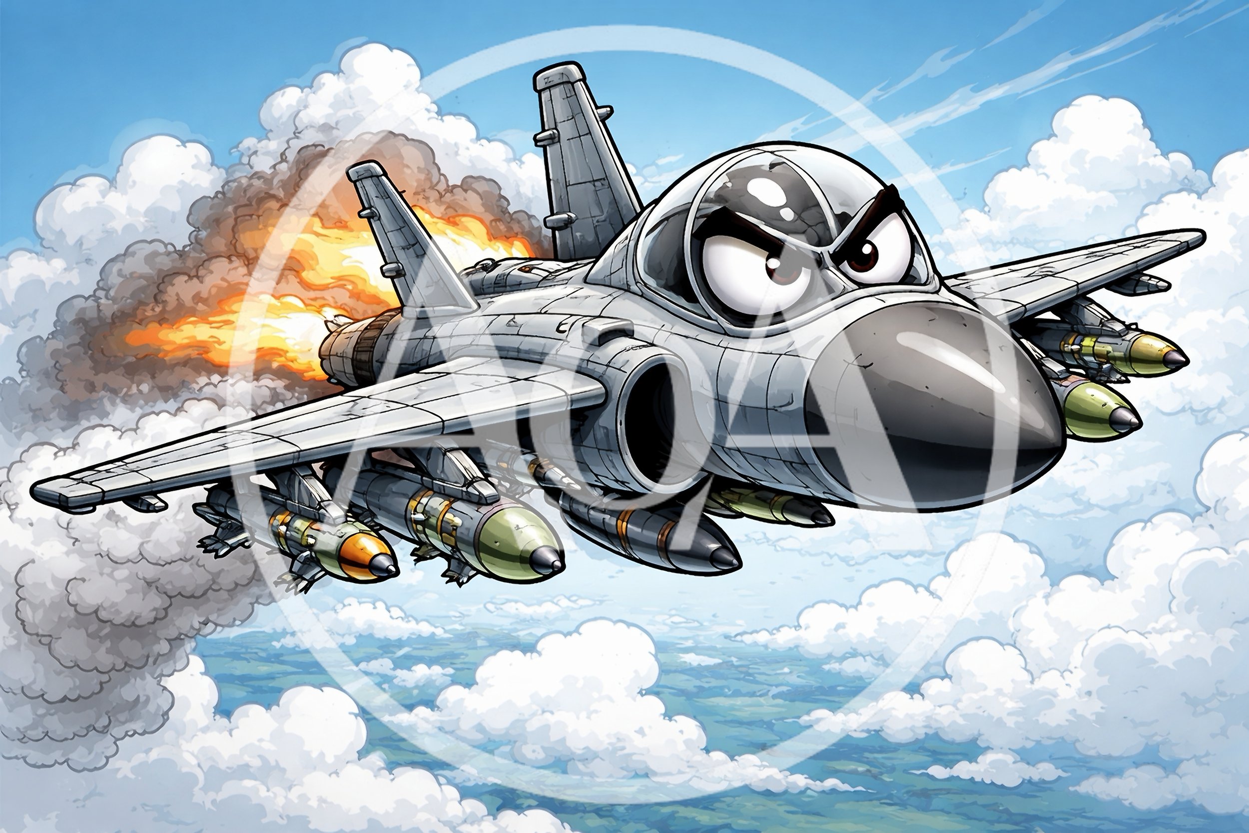 Cartoon Fighter Jet Flying Through Clouds