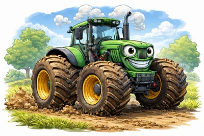 Cartoon Green Tractor With A Smiling Face