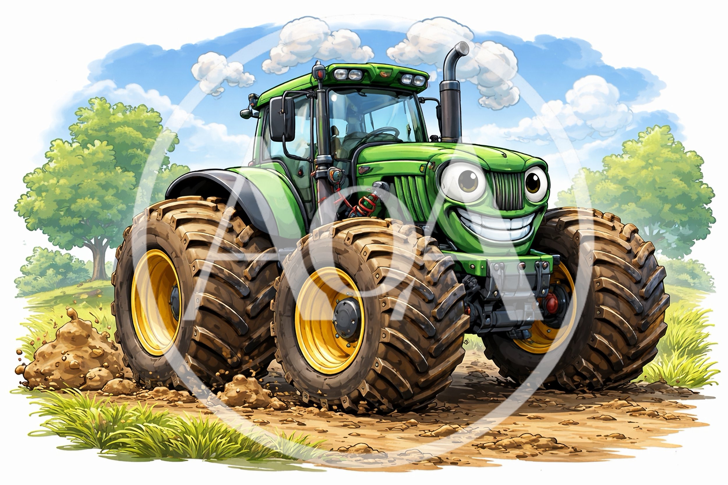 Cartoon Green Tractor With A Smiling Face