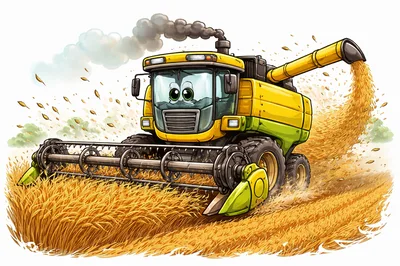 Cartoon Combine Harvester Harvesting Golden Wheat Field