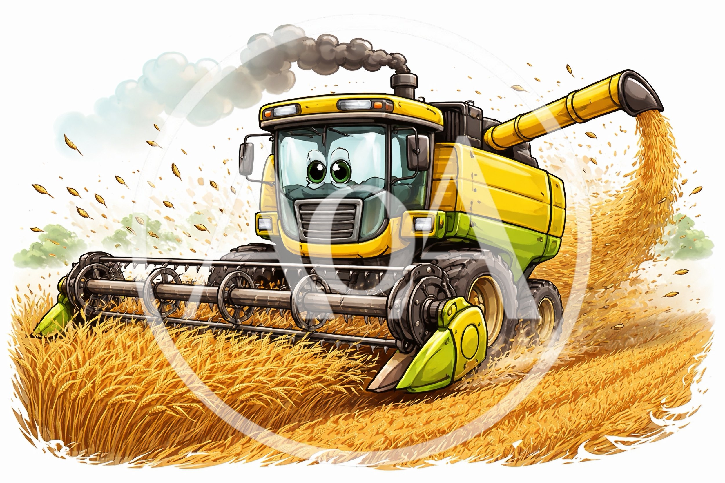 Cartoon Combine Harvester Harvesting Golden Wheat Field