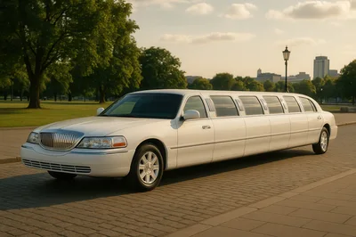 White Stretch Limousine Parked on Cobblestone Plaza
