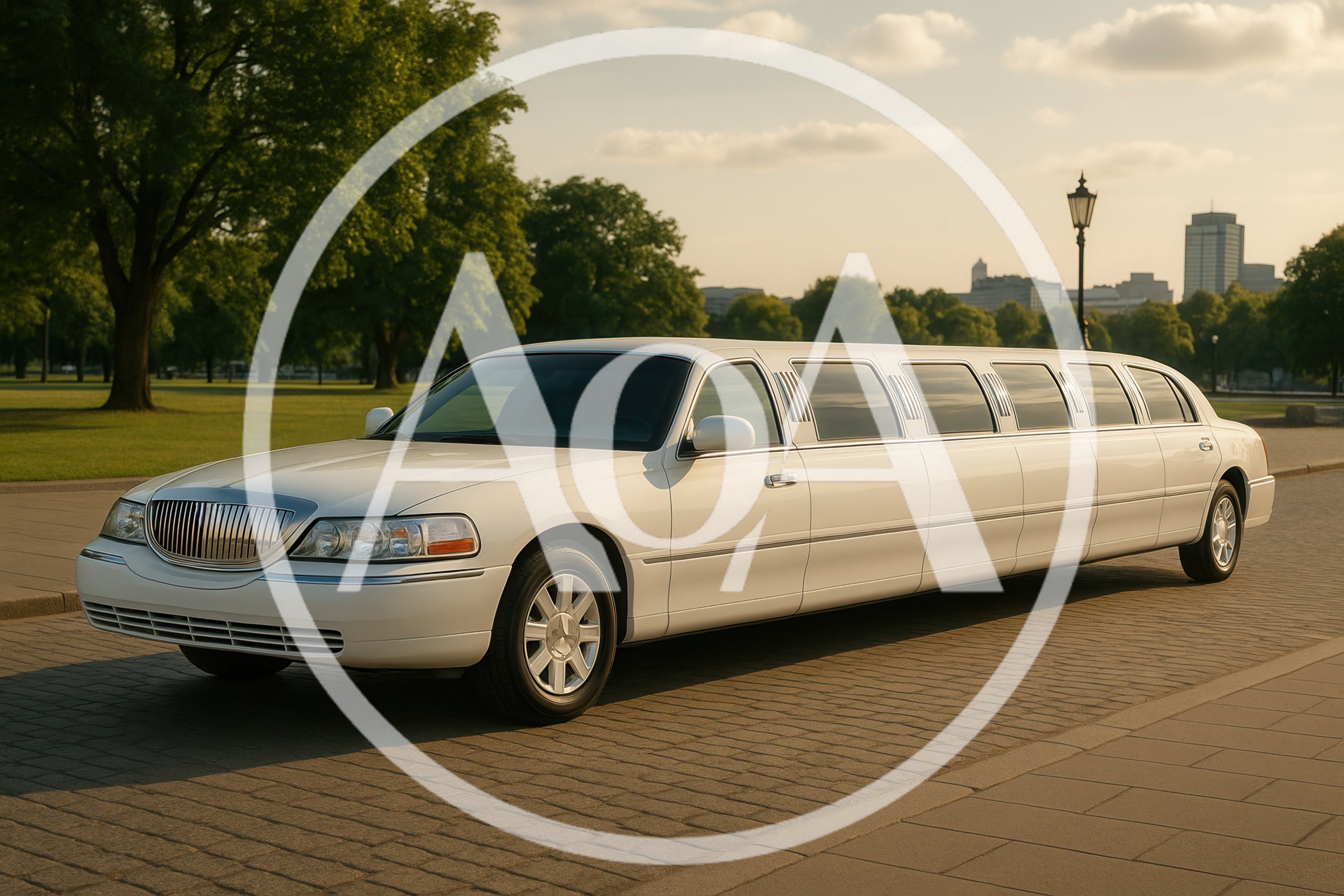 White Stretch Limousine Parked on Cobblestone Plaza