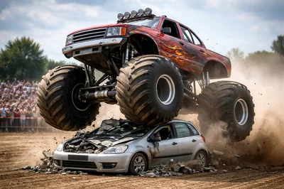 Monster Truck Crushing A Car At An Outdoor Event
