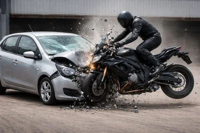 Motorcycle Collision With A Silver Sedan