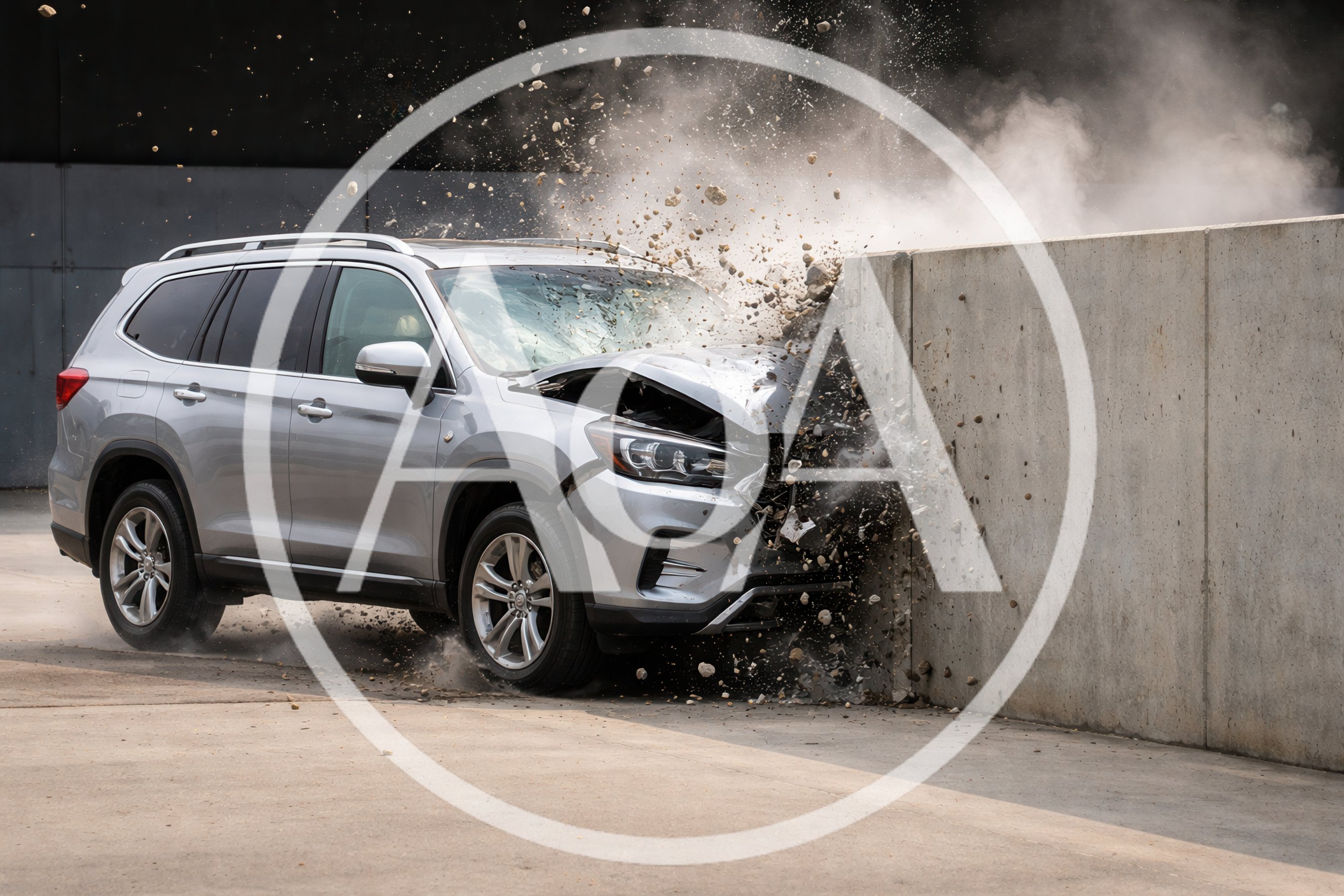 Silver SUV Crashing Into Concrete Barrier