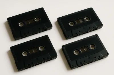 Four Blank Black Cassette Tapes On White Background