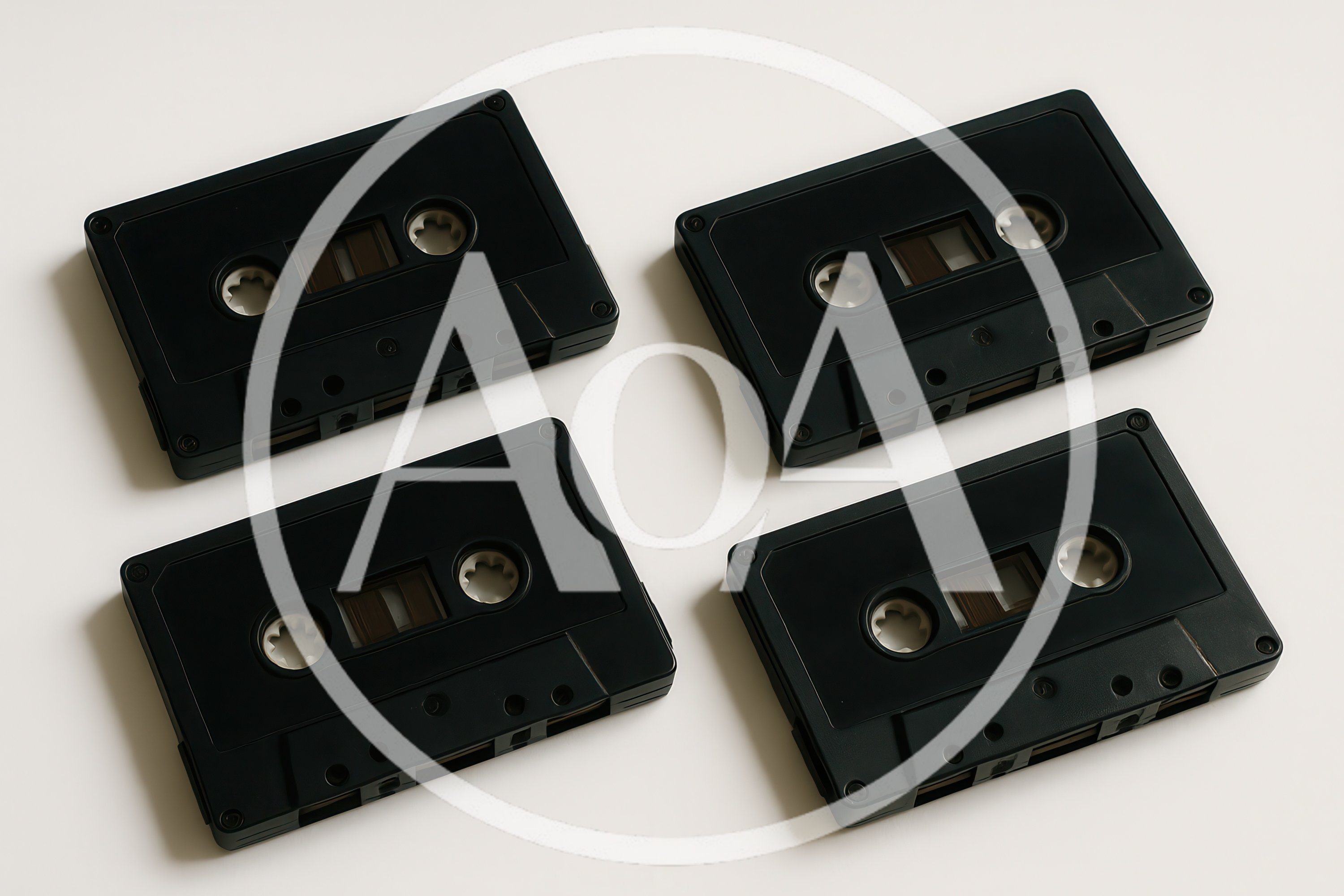 Four Blank Black Cassette Tapes On White Background