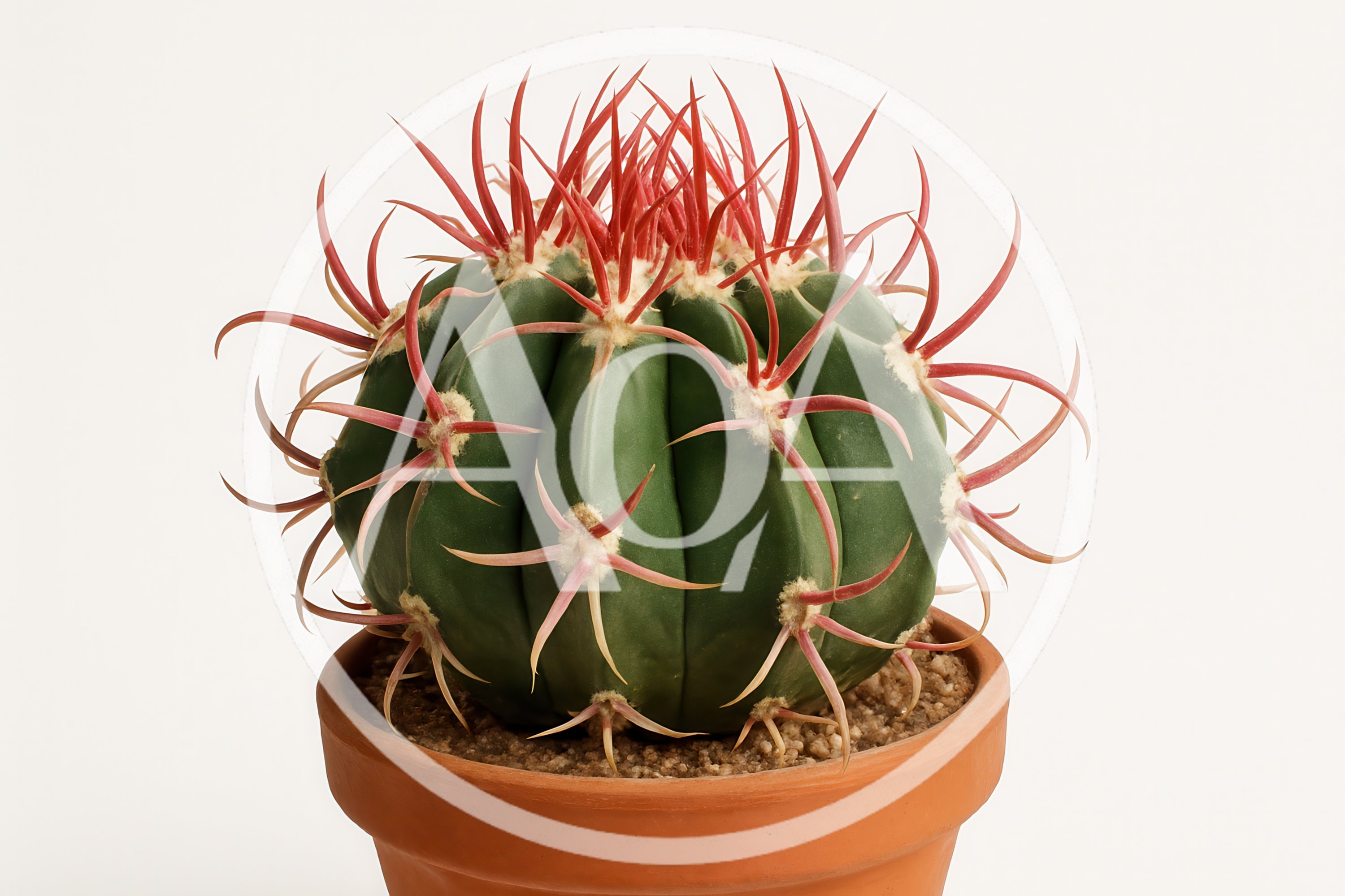 Ferocactus Cactus With Red Spines In Terracotta Pot