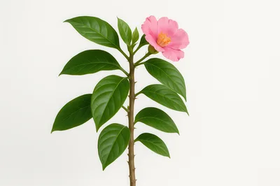 Single Pink Camellia Flower on Stem