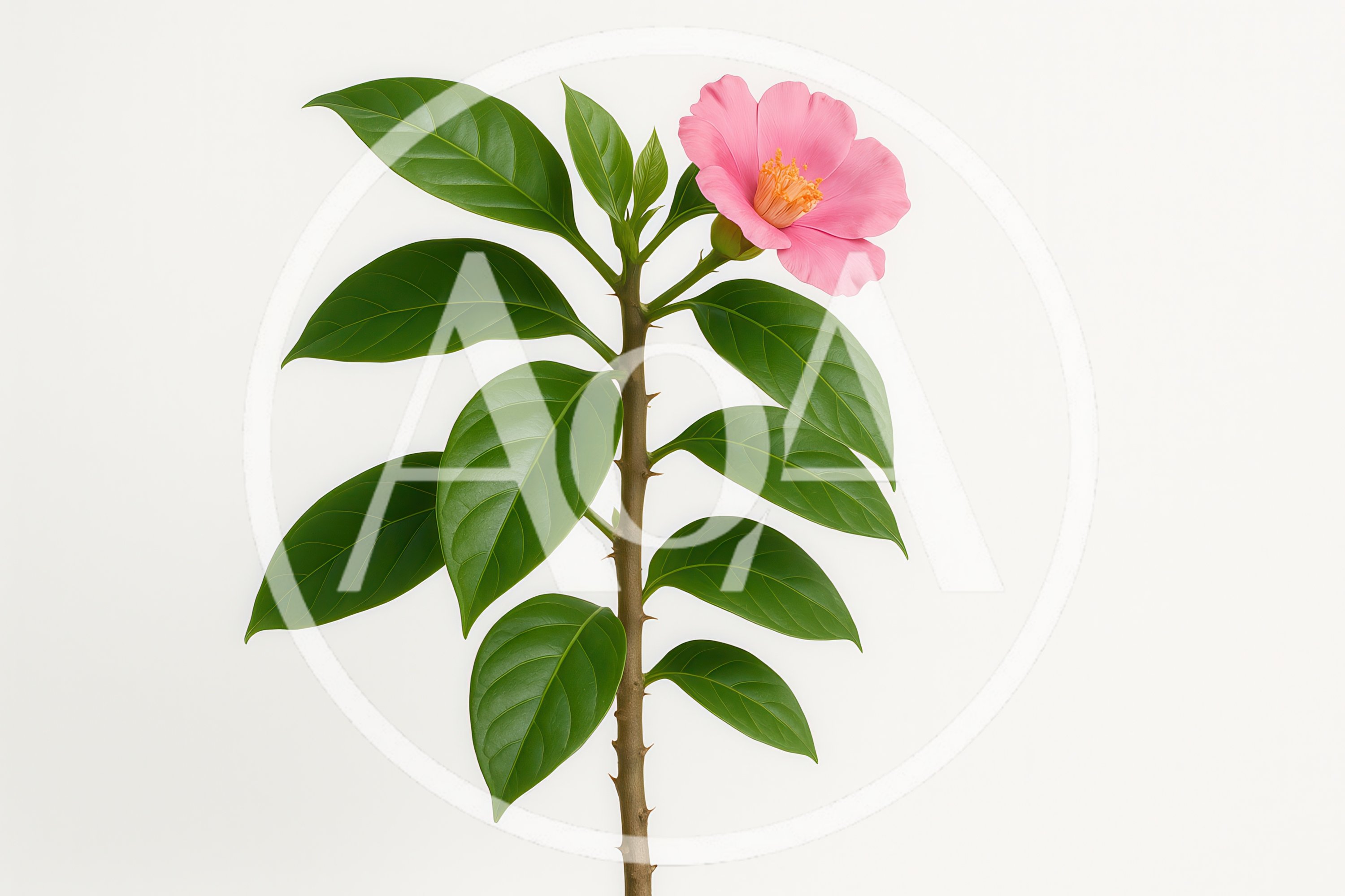Single Pink Camellia Flower on Stem