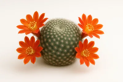 Small Round Cactus With Four Vibrant Orange Flowers