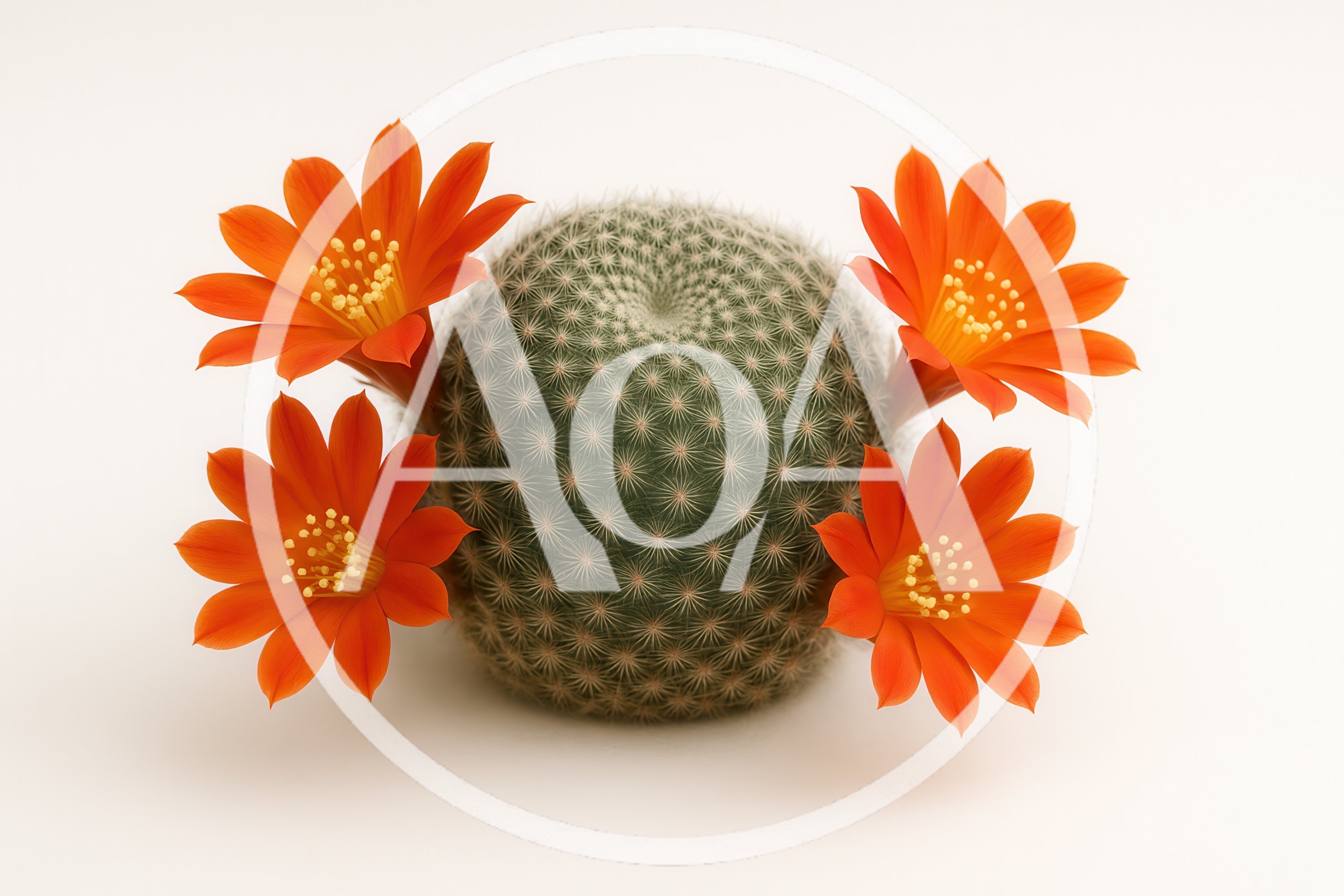 Small Round Cactus With Four Vibrant Orange Flowers