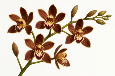 Brown Cymbidium Orchid Branch On White Background