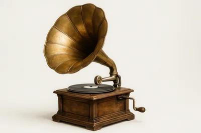Vintage Antique Gramophone With Brass Horn