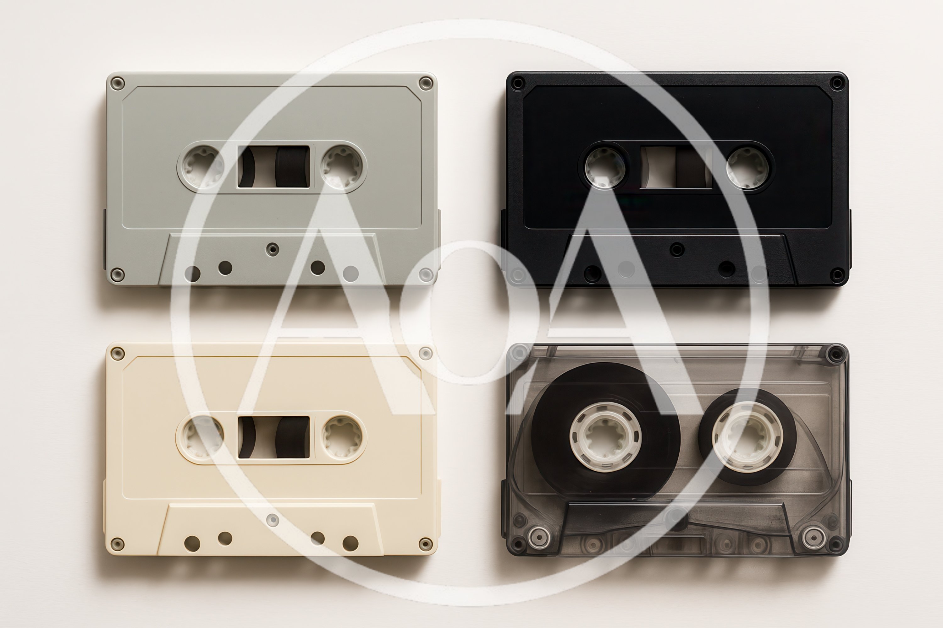 Four Vintage Audio Cassette Tapes On White Background